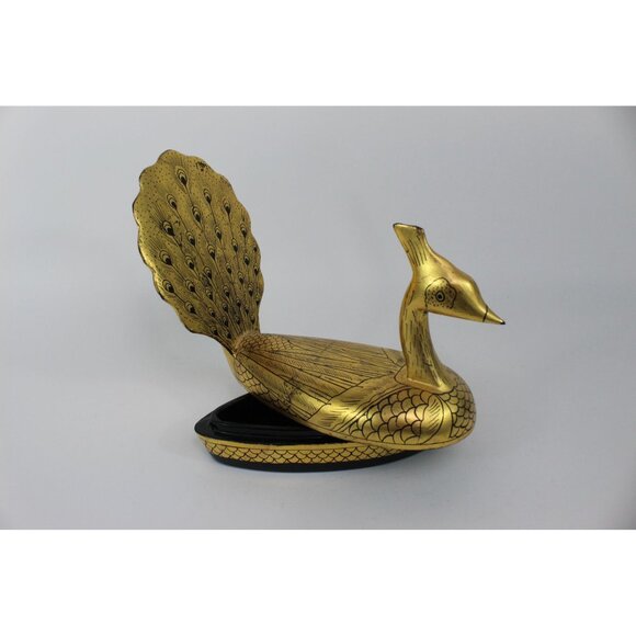 Vintage Lacquer Peacock Box • Hand Painted Kashmiri Papier Mache • Gold Black De - Picture 4 of 15